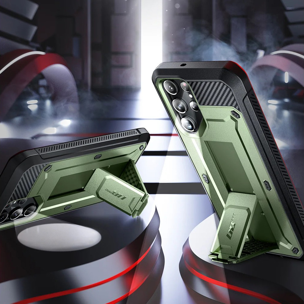 Etui pancerne z osłoną na ekran, z wbudowaną podstawką i kaburą z klipsem obrotowym Supcase Unicorn Beetle Pro do Galaxy S23 Ultra